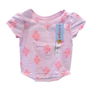 Cat & Jack Pink Tee with Coral Floral Sketches - Short Sleeve